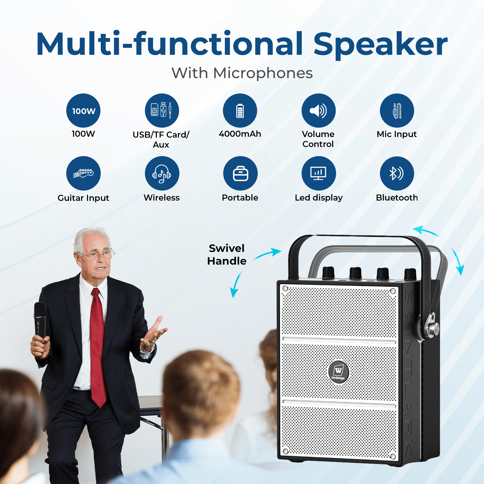 WinBridge S99 100W Powerful Wireless Voice Amplifier with Two Handheld  Microphones for Teachers,Portable PA System with Sound Effects, Karaoke Speaker and Mic System Support Guitar Play