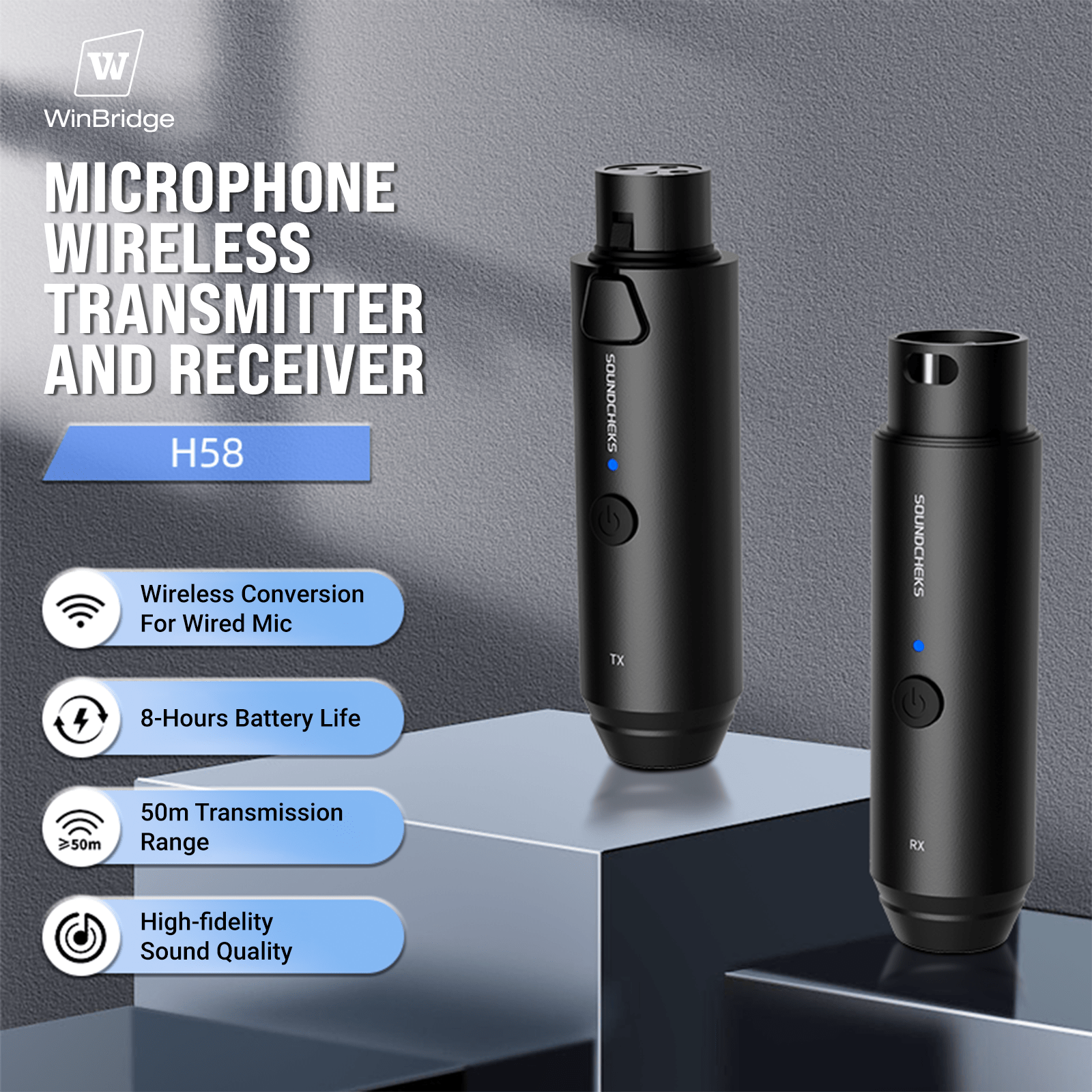 WinBridge 2.4GHz Wireless XLR Microphone Transmitter & Receiver System - 24-bit/192kHz High-Resolution Plug-on Adapter for Dynamic Microphones, Audio Mixers, PA Systems, and Cameras - Includes Dynamic Microphone H58M58