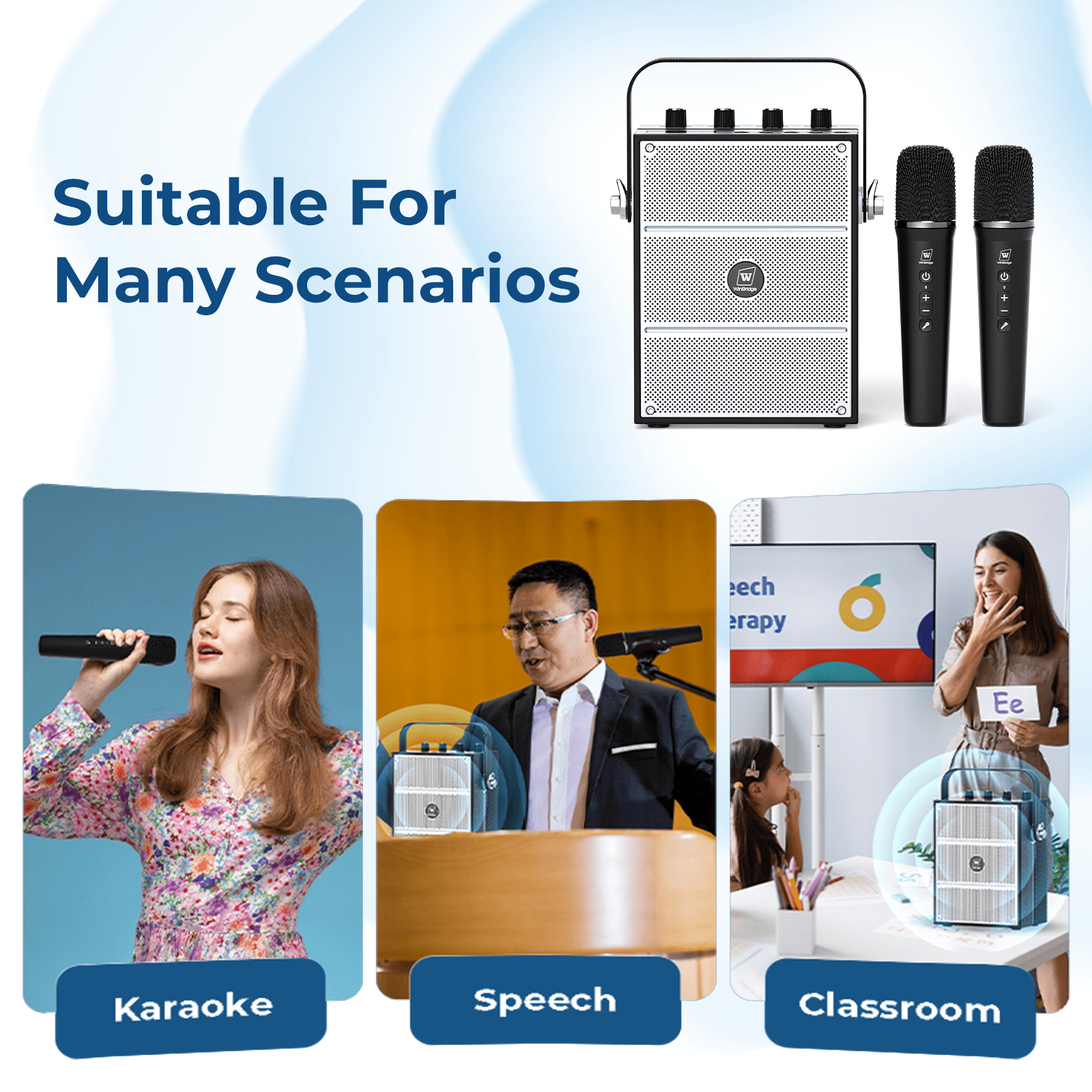 WinBridge S99 100W Powerful Wireless Voice Amplifier with Two Handheld  Microphones for Teachers,Portable PA System with Sound Effects, Karaoke Speaker and Mic System Support Guitar Play