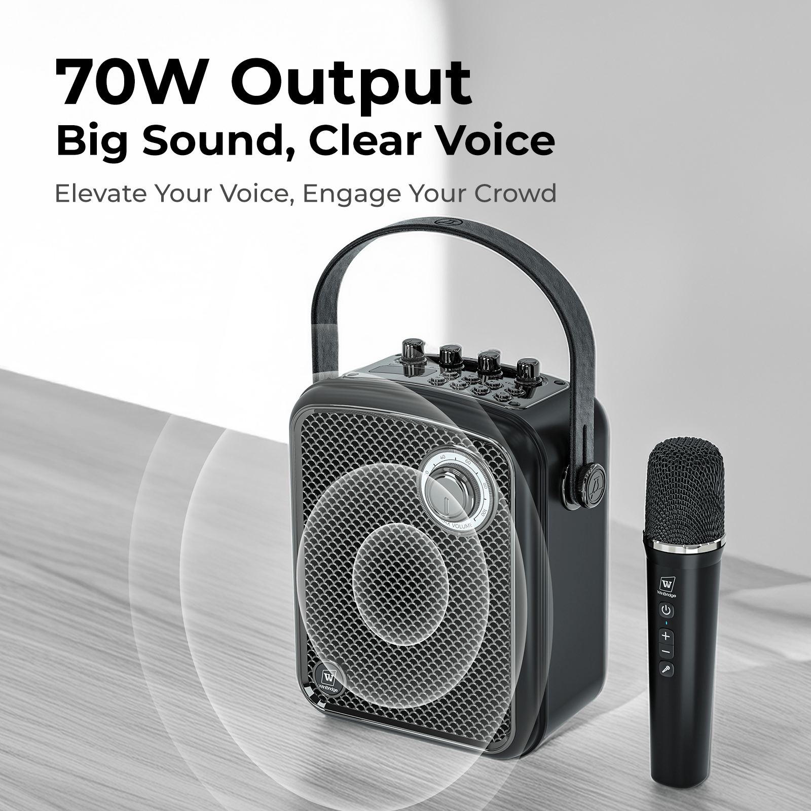 WinBridge S100 Wireless Voice Amplifier with Handheld Microphone 70W Multifunctional Portable Bluetooth Pa System for Teachers,  Karaoke Speaker and Mic System Supports Guitar, Monitoring and Live